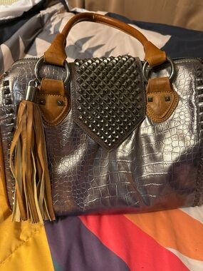 Imoshion Metallic Croc-Embossed Studded Satchel in Silver and Tan